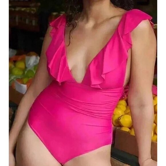J. Crew Ruched Ruffle One Piece Swimsuit women 16 Radiant Fuchsia Resortwear NEW - Picture 2 of 6